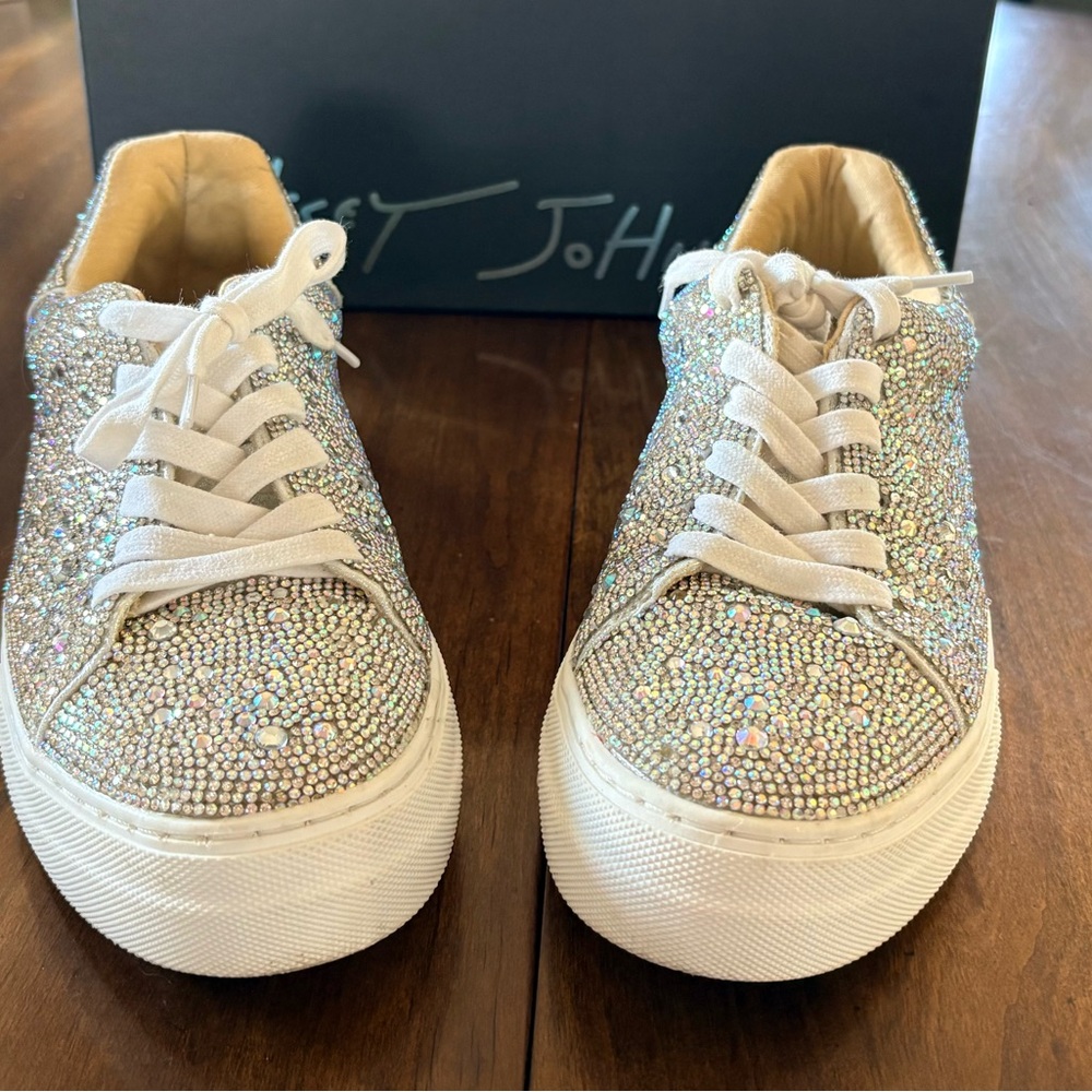 Betsey Johnson Iridescent Crystal Embellished Sneakers - White Laces